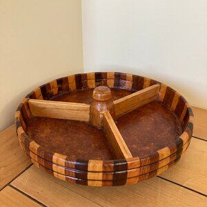 Handmade Wood Divided Round Bowl Striped Marquetry Design 9.5"